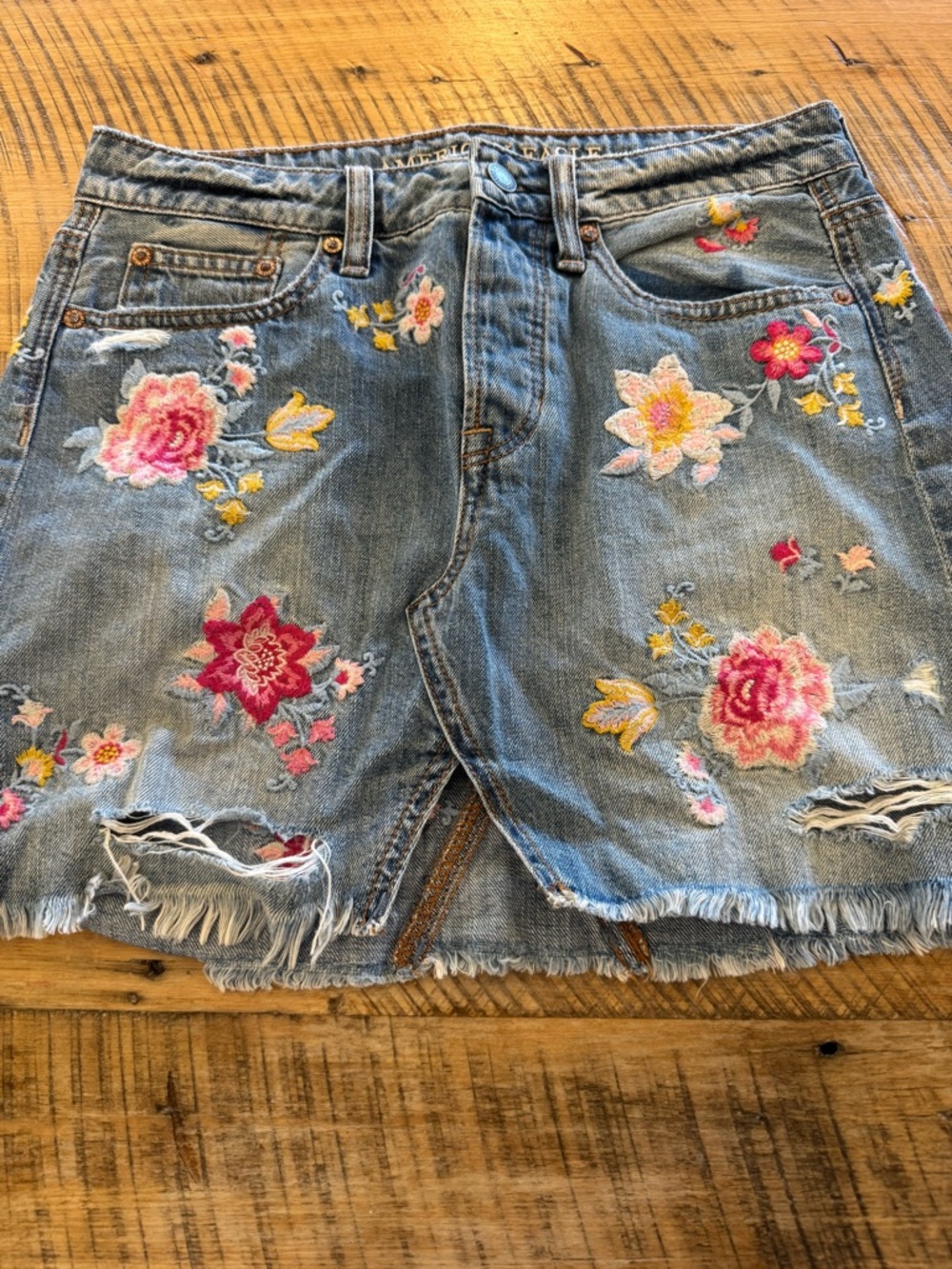 American Eagle Outfitters Denim Mini Skirt with Pink & Yellow Floral Embroidery